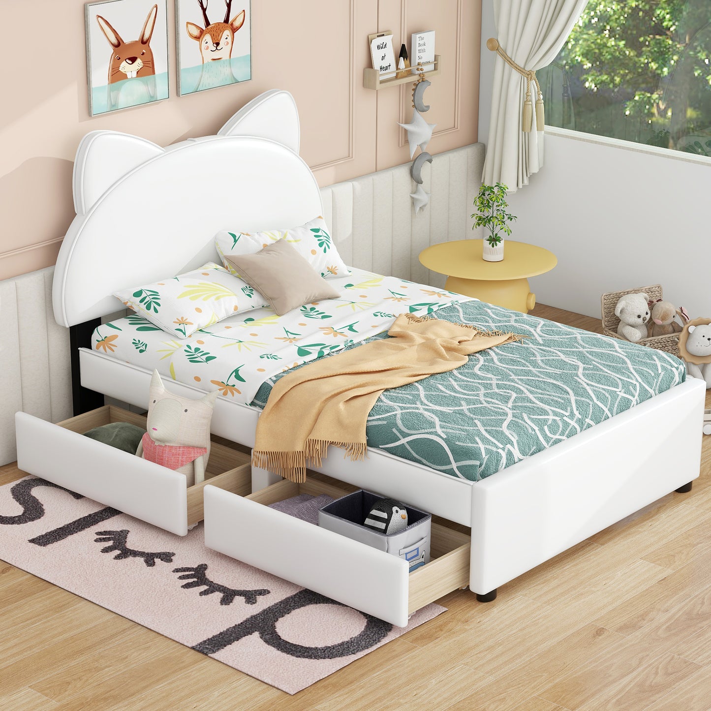 Brandy Full Size Platform Bed with Cartoon Ears - White