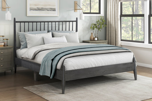 Dixon Mid-Century Modern Wooden Platform Bed with Slat Headboard, Gray