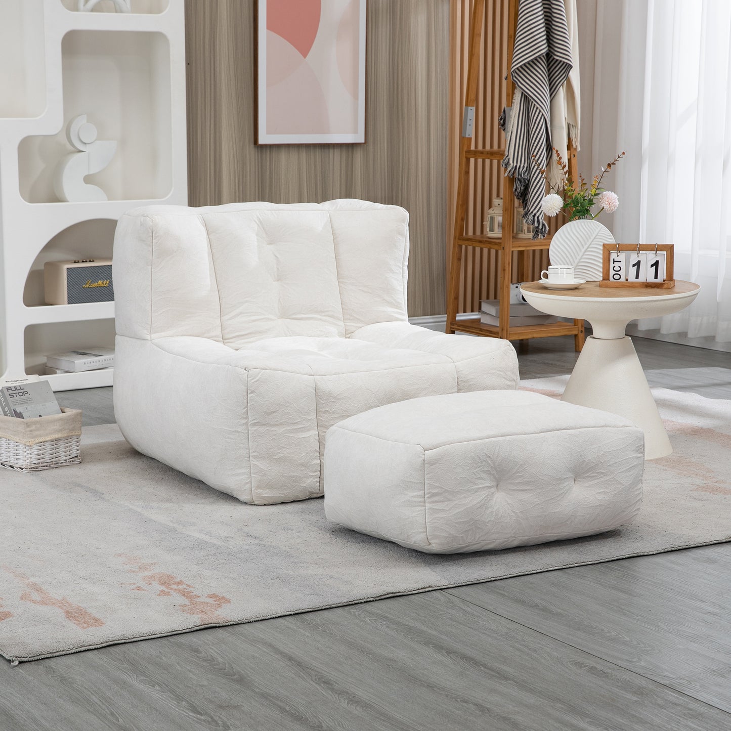 Halston 2-Piece Velvet Bean Bag Chair & Ottoman, White