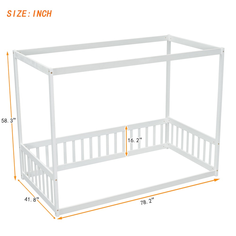 Bentley Twin Size Canopy Floor Bed with Fence - White