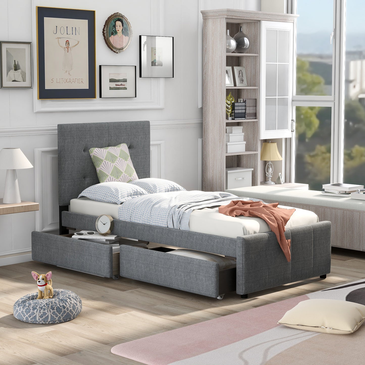 Linda Twin Platform Bed with 2 Storage Drawers - Gray