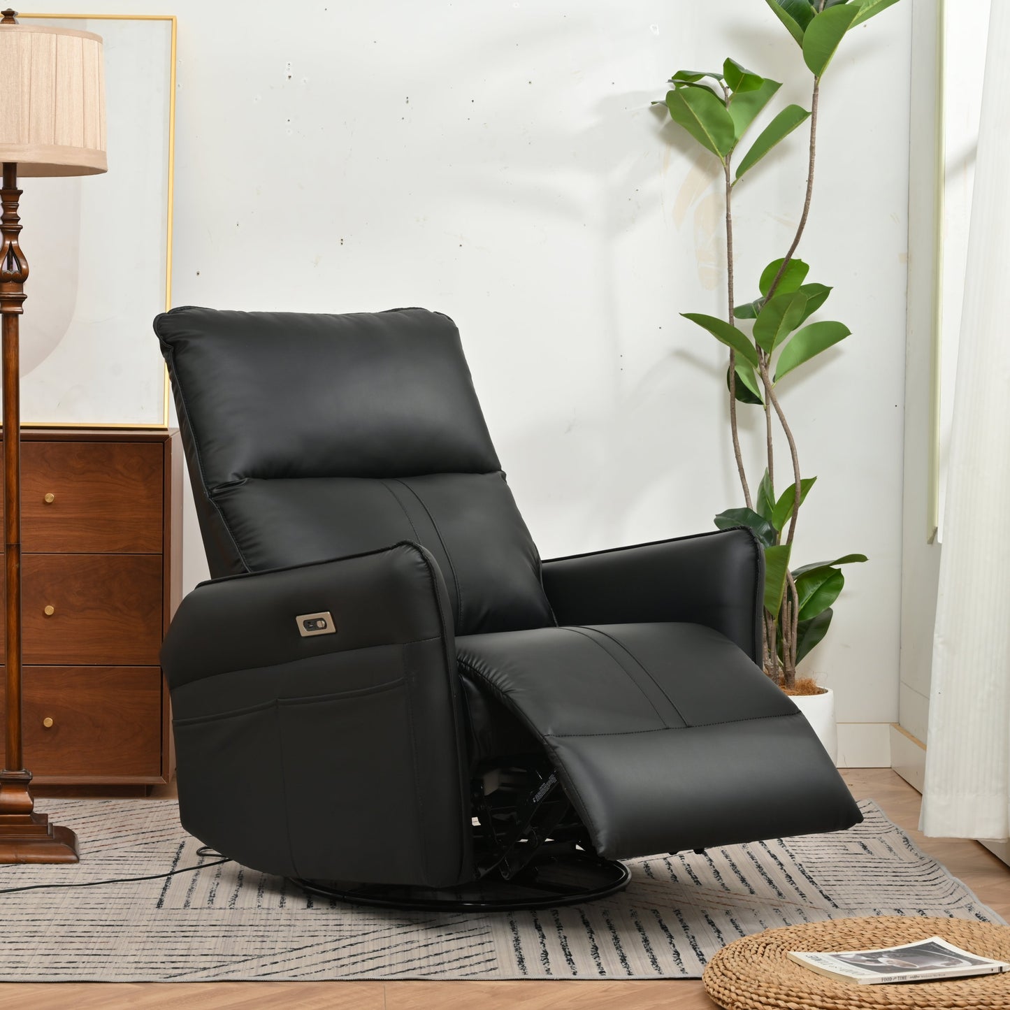 Carls PU Leather Power Swivel Rocker Recliner, Black