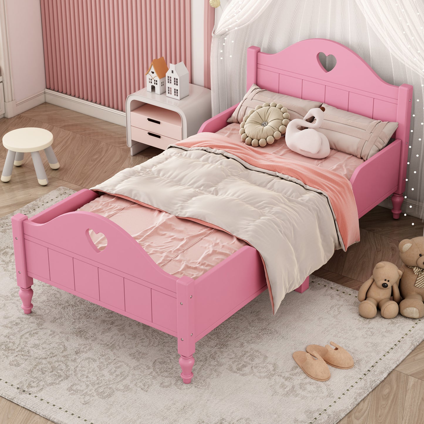 Macaron Twin Size Toddler Bed with Side Safety Rails - Light Pink