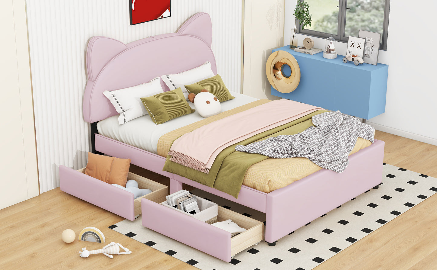 Brandy Full Size Platform Bed with Cartoon Ears - Pink