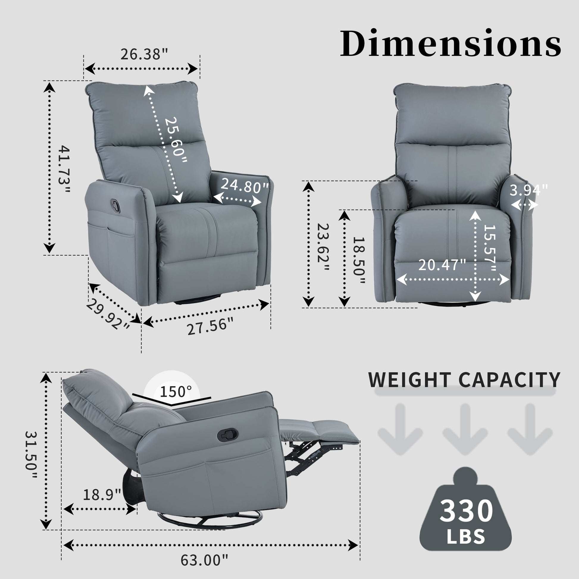 Garnet 360 ° PU Leather Swivel Rocking Glider Recliner, Gray