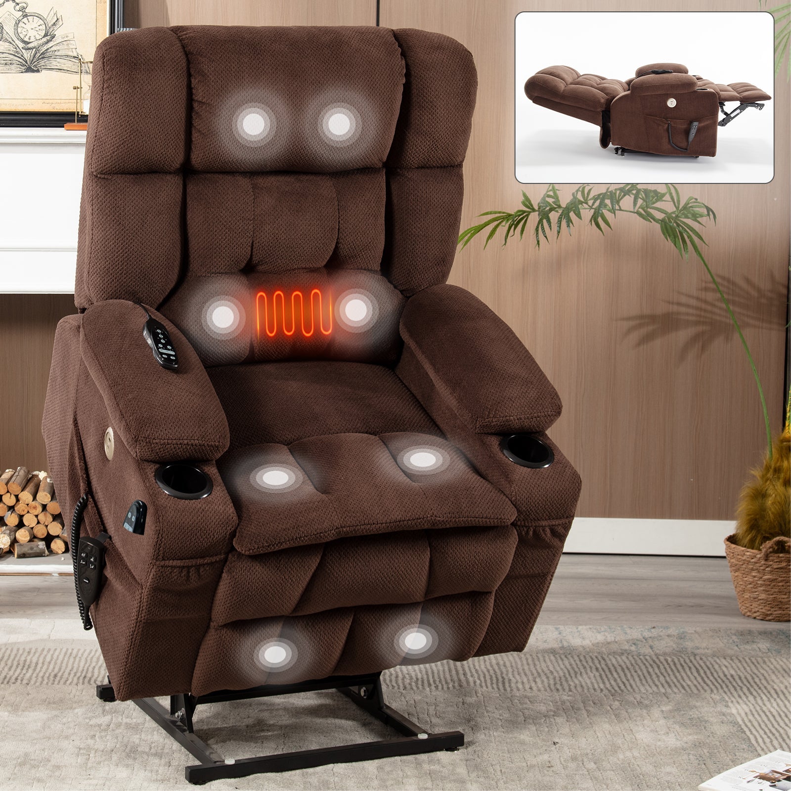 Skyler Chenille Power Lift Recliner with Massage, Brown