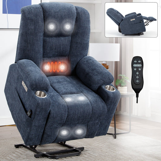 Otty Blue Chenille Power Lift Recliner with Heat & Massage