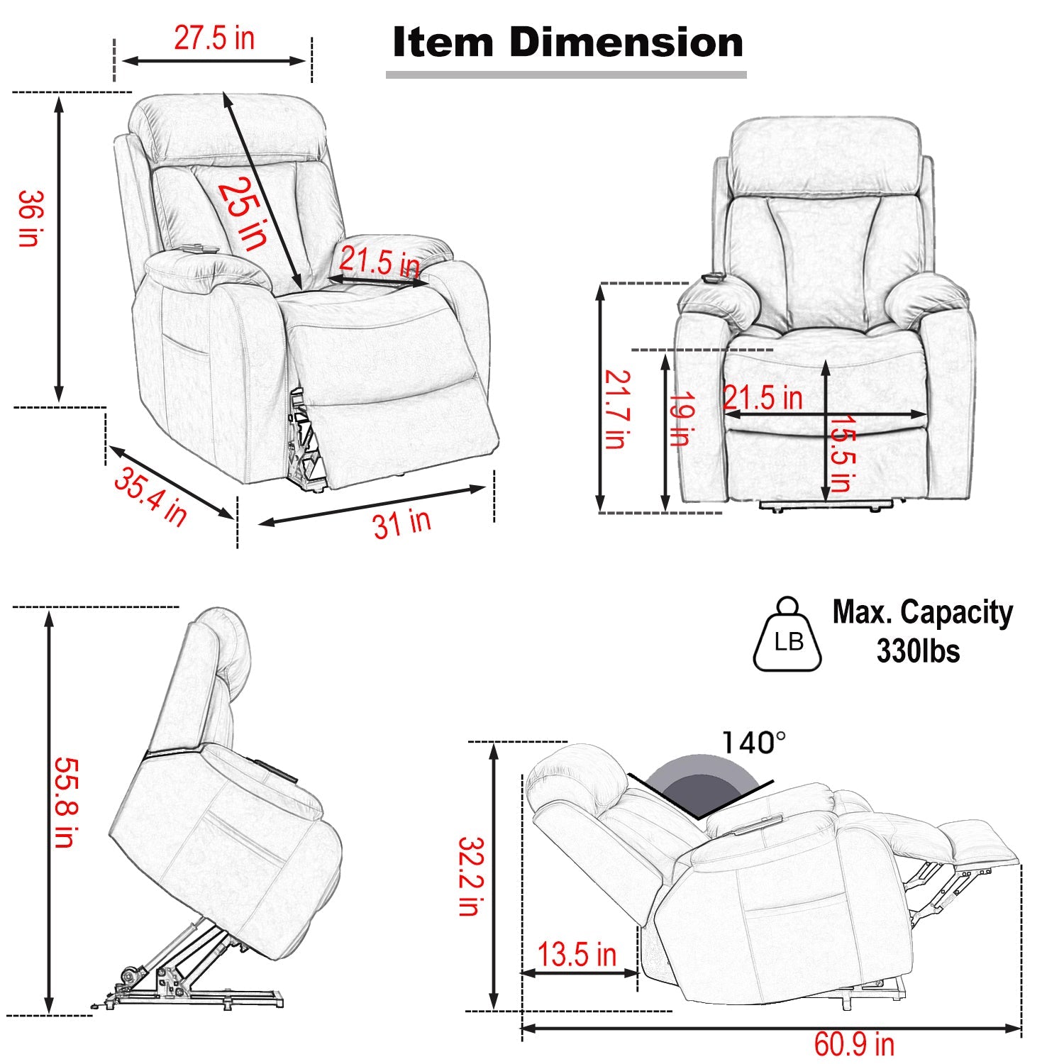 Fiala Power Lift Recliner with USB, Side Pocket, & Light, Gray