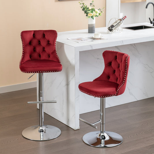 Prudence Velvet Adjustable Height Bar Stools (Set of 2) Red