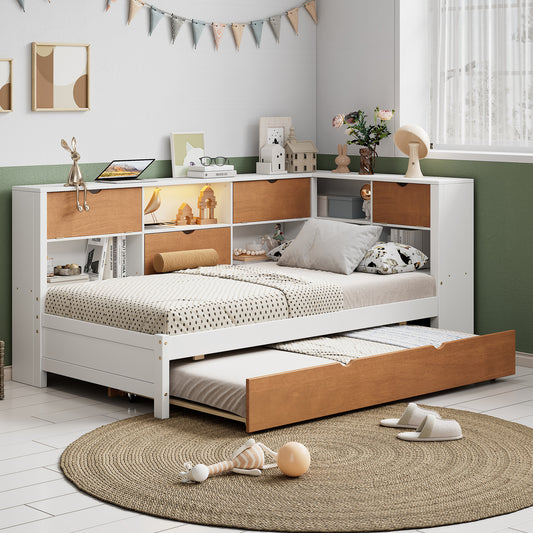 Willa L-Shape Full Size Corner Bookcase Bed with Trundle, White & Walnut