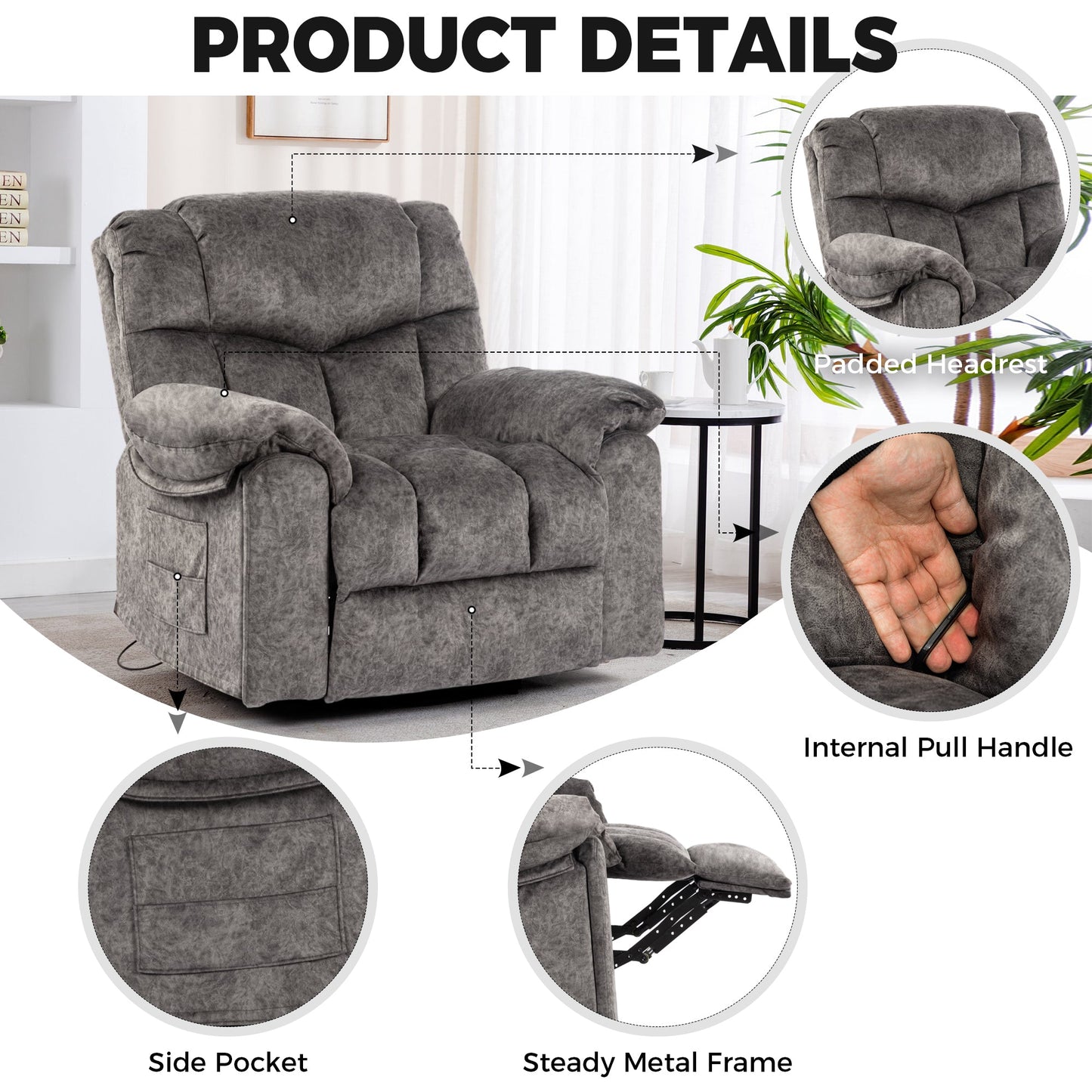 Brant Manual Velvet Rocker Recliner with Massage, Gray