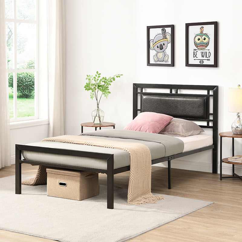 Twin Size Black Metal Platform Bed with Faux Leather Headboard