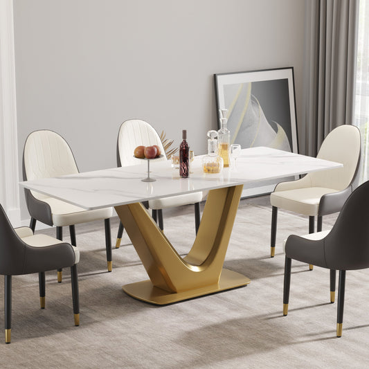 Cosima 78.8" Modern Artificial Stone Dining Table, White & Gold