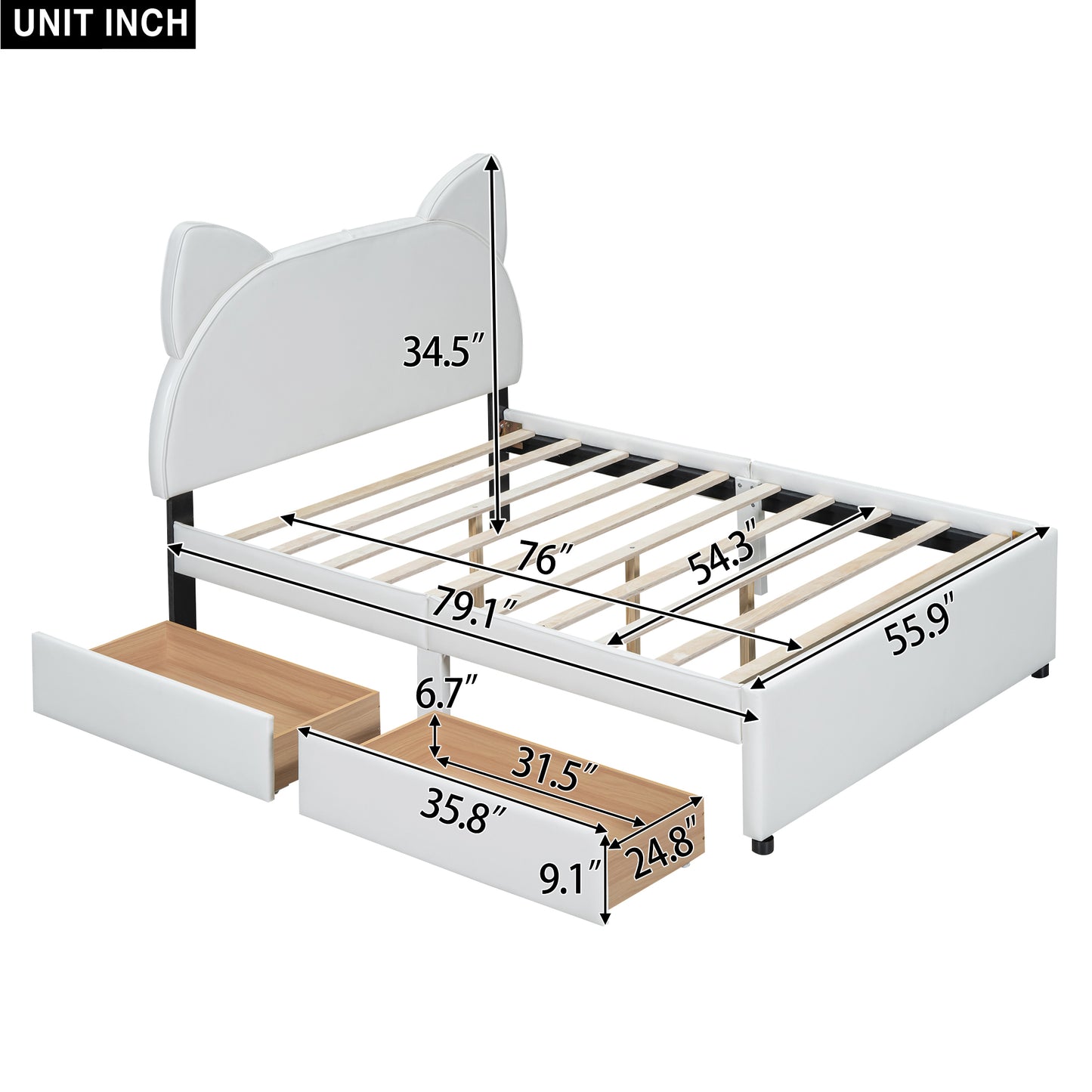 Brandy Full Size Platform Bed with Cartoon Ears - White