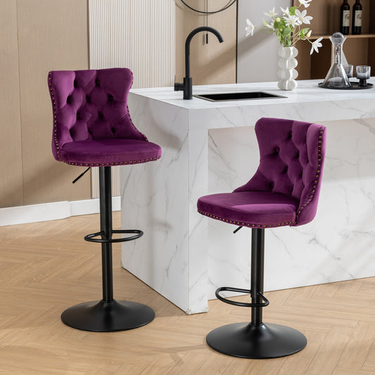 Odessa Adjustable Height Velvet Bar Stools with Black Legs (Set of 2) Purple