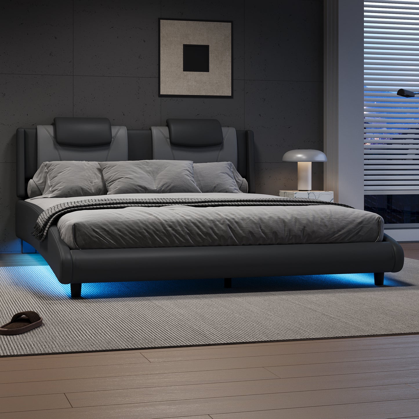 Solace Modern Faux Leather Full Platform Bed with LED Lighting