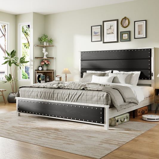 Cyra Modern King Platform Bed with Storage & LED Lights - Dark Gray & White