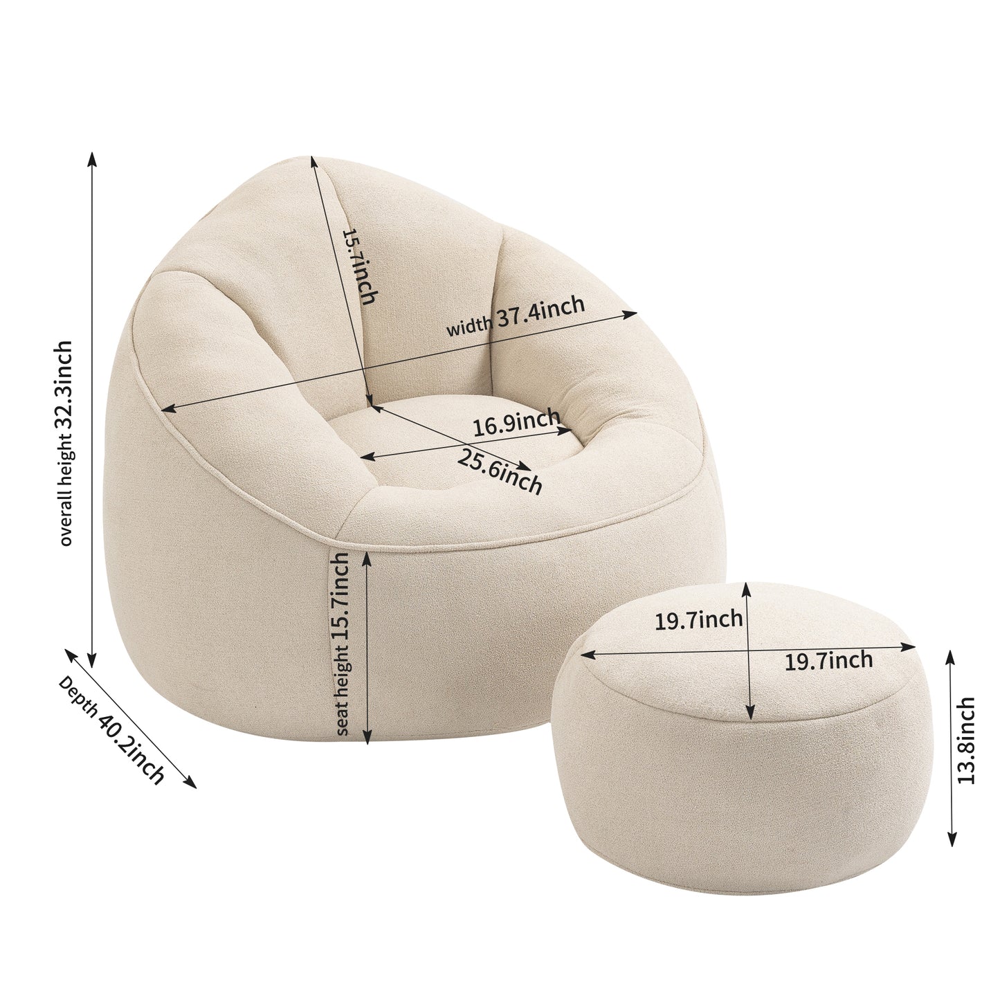 Fox 2-Piece Microfiber Beanbag Chair & Ottoman, Beige