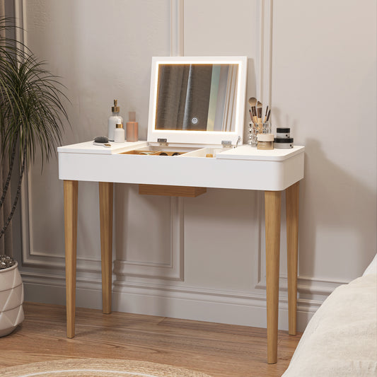 Paula Vanity Desk With Lights and Solid Wood Legs and Flip-Up High Definition Mirror