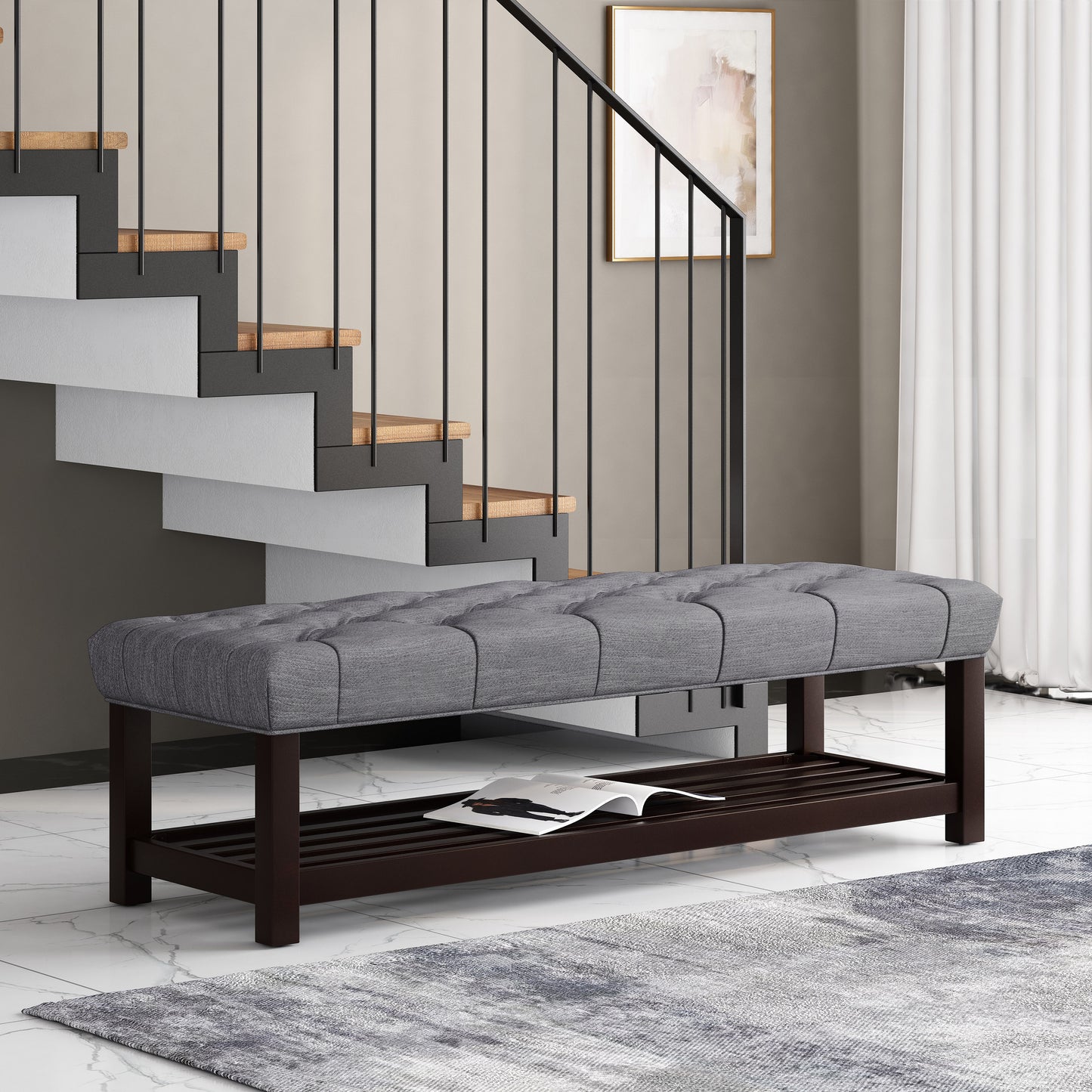 Arthur Transitional Tufted Bench with Lower Shelf, Gray