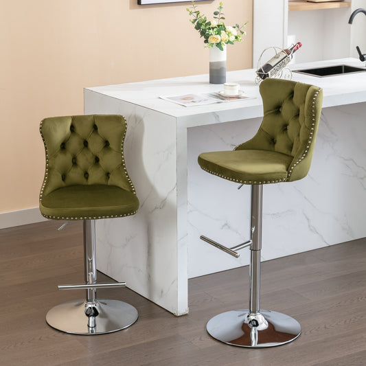 Prudence Velvet Adjustable Height Bar Stools (Set of 2) Olive