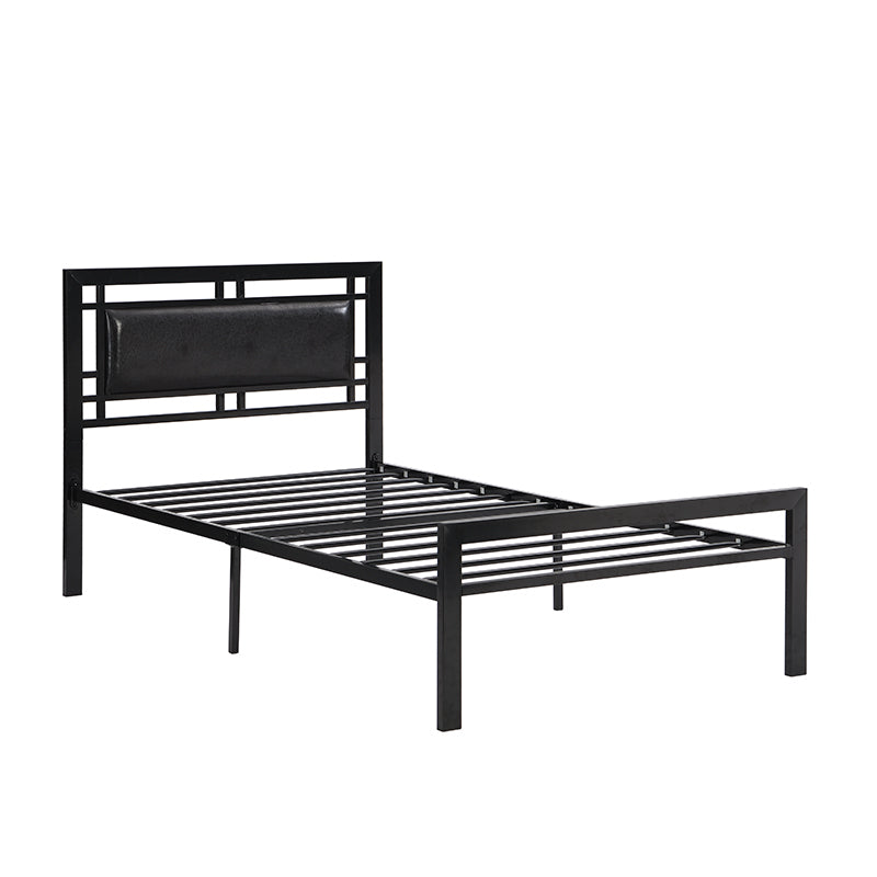 Twin Size Black Metal Platform Bed with Faux Leather Headboard