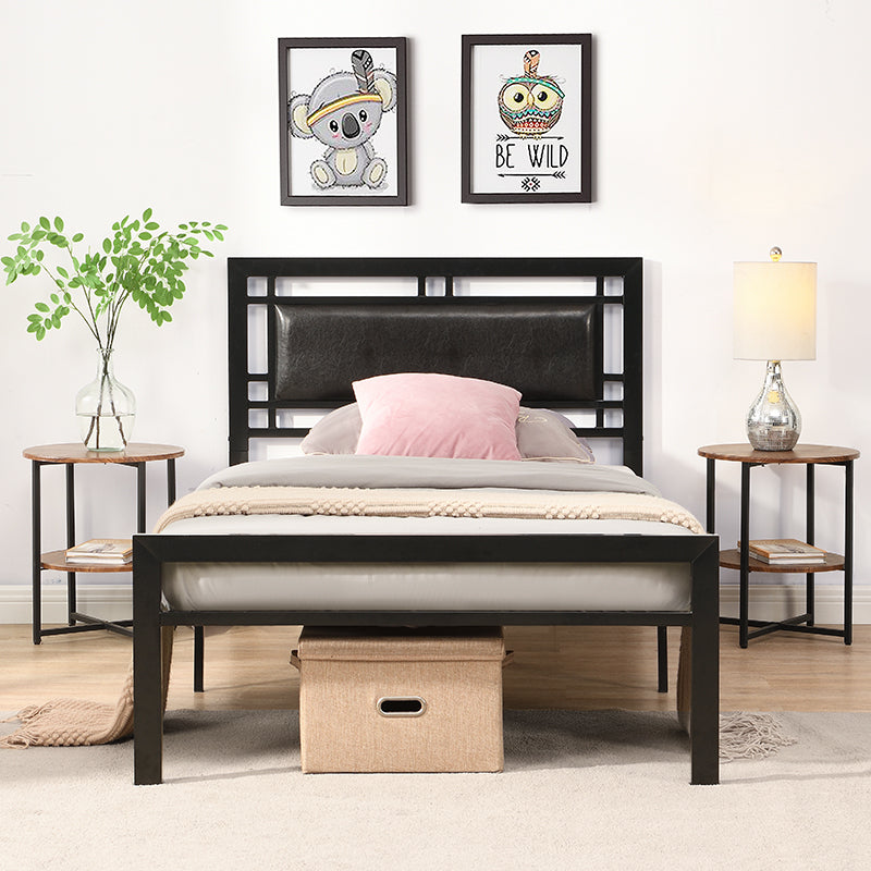 Twin Size Black Metal Platform Bed with Faux Leather Headboard