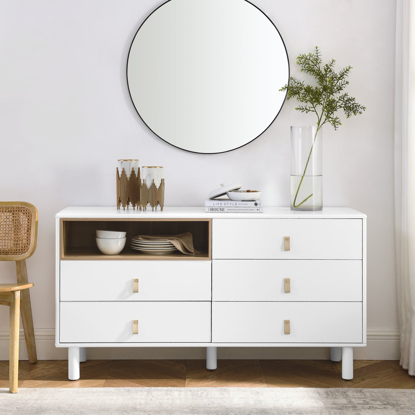 Lillian Modern 5-Drawer Accent Cabinet with Leather Handles, White