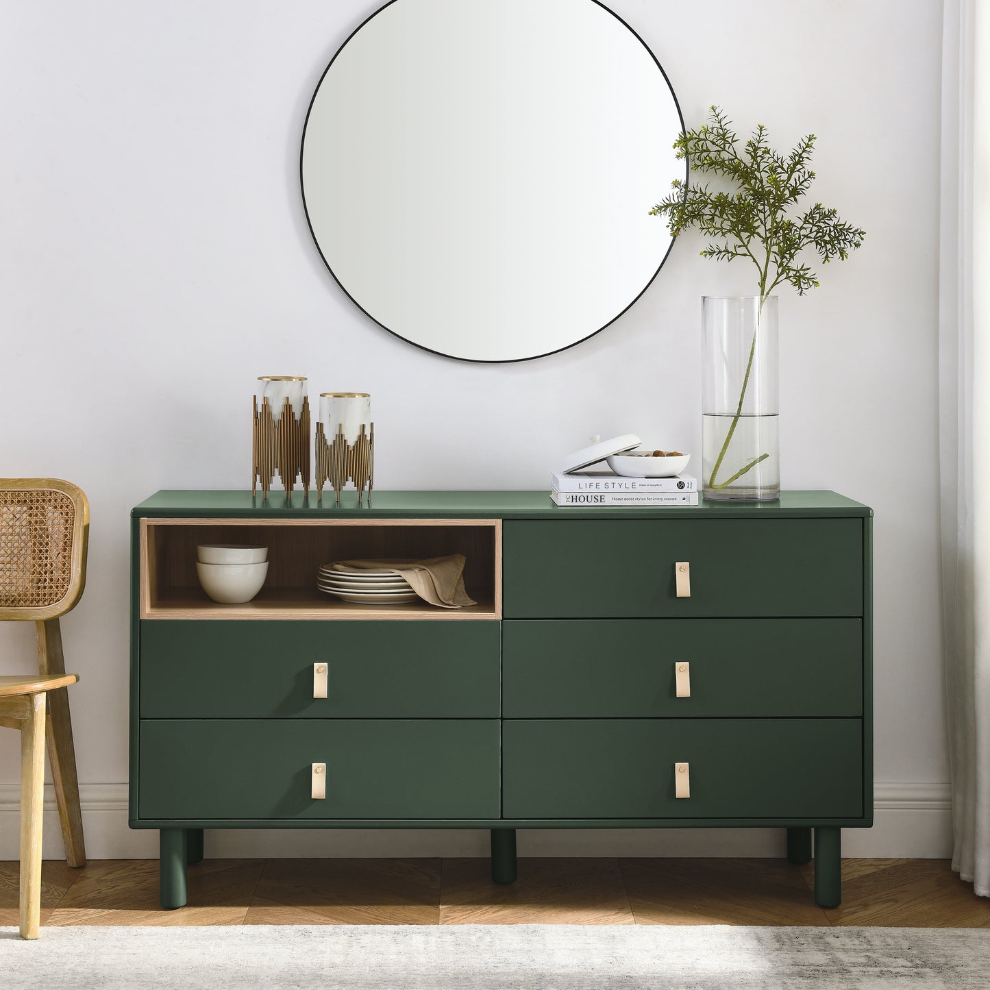 Lillian Modern 5-Drawer Accent Cabinet with Leather Handles, Green