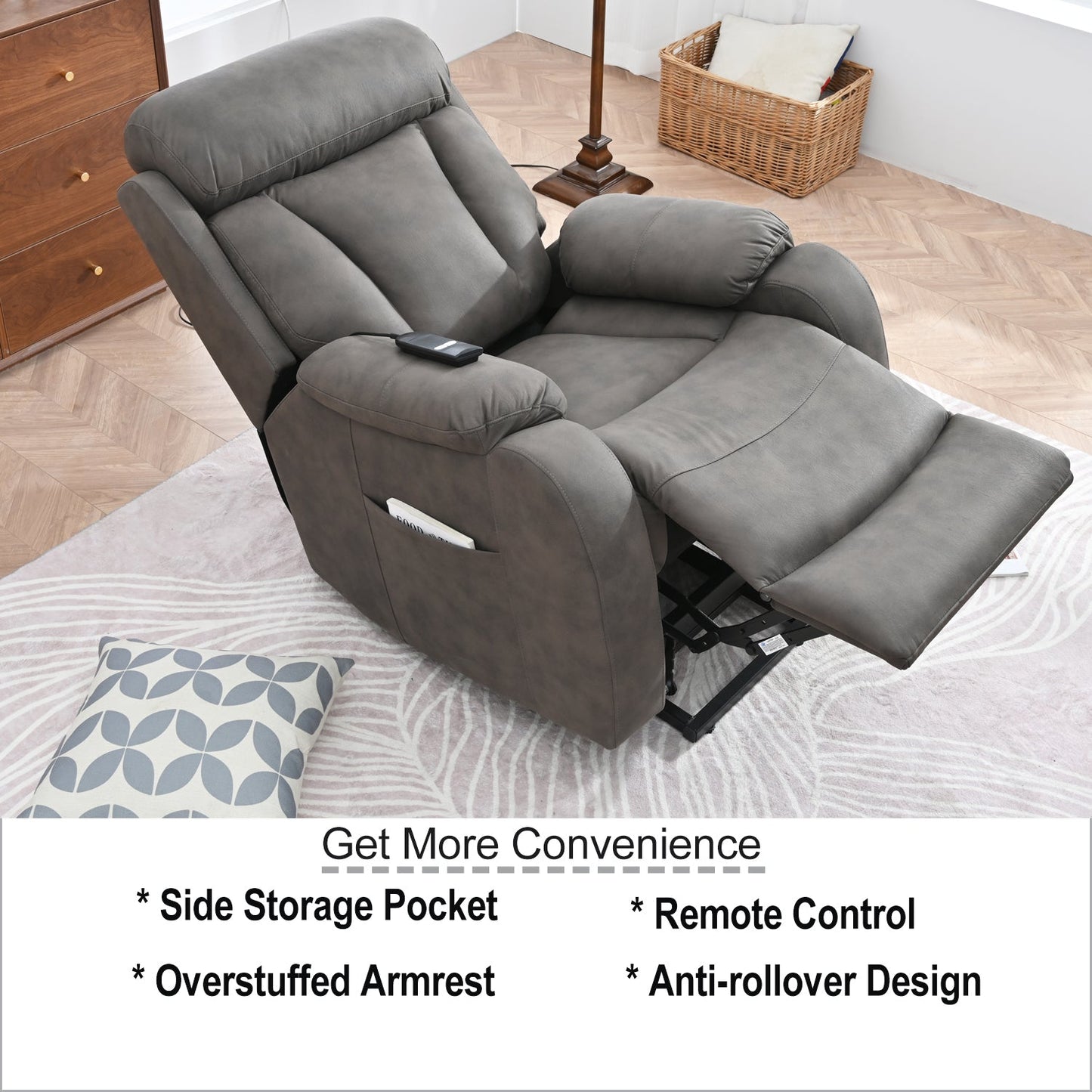 Fiala Power Lift Recliner with USB, Side Pocket, & Light, Gray