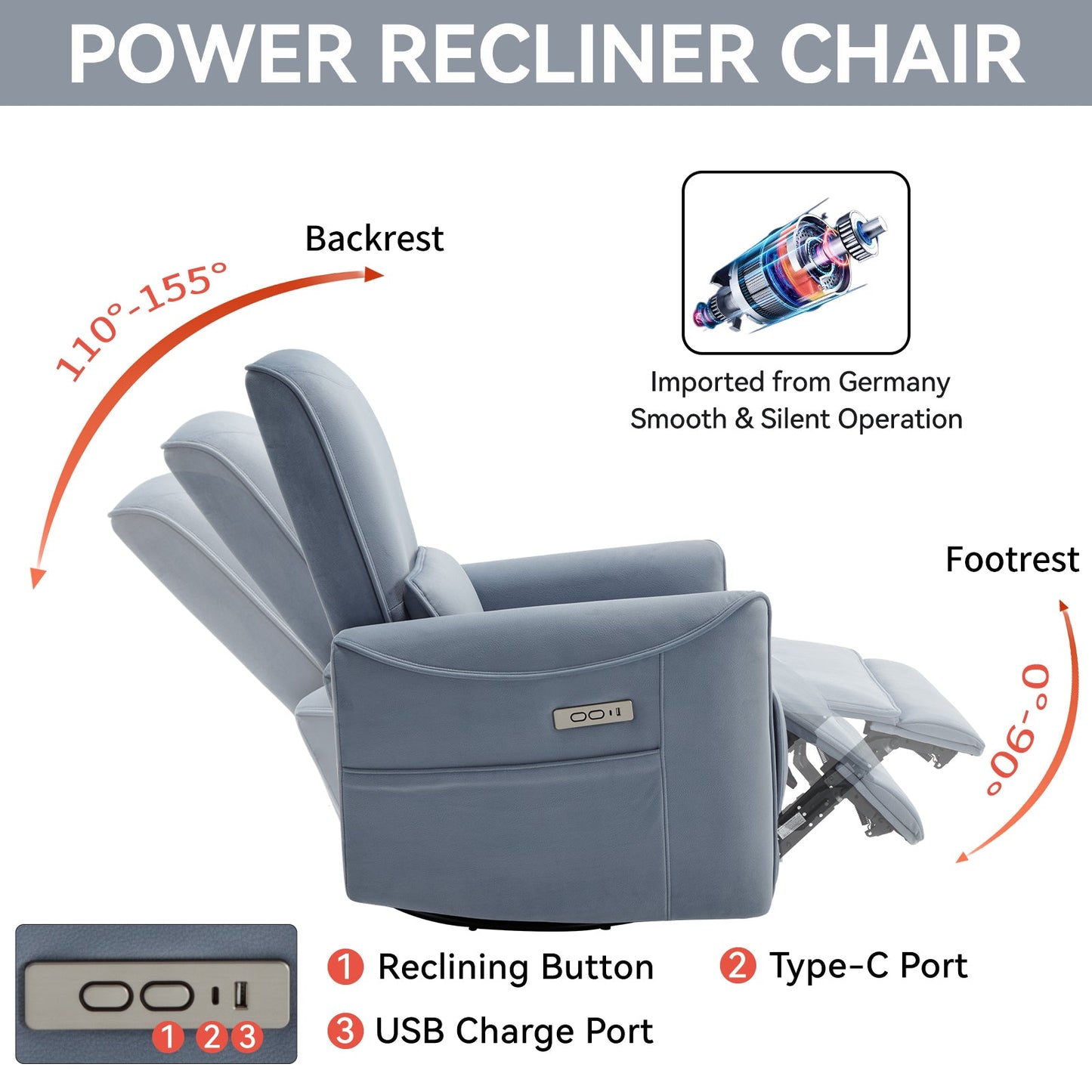 Aven Modern Upholstered Power Reclining Chair with USB, Blue