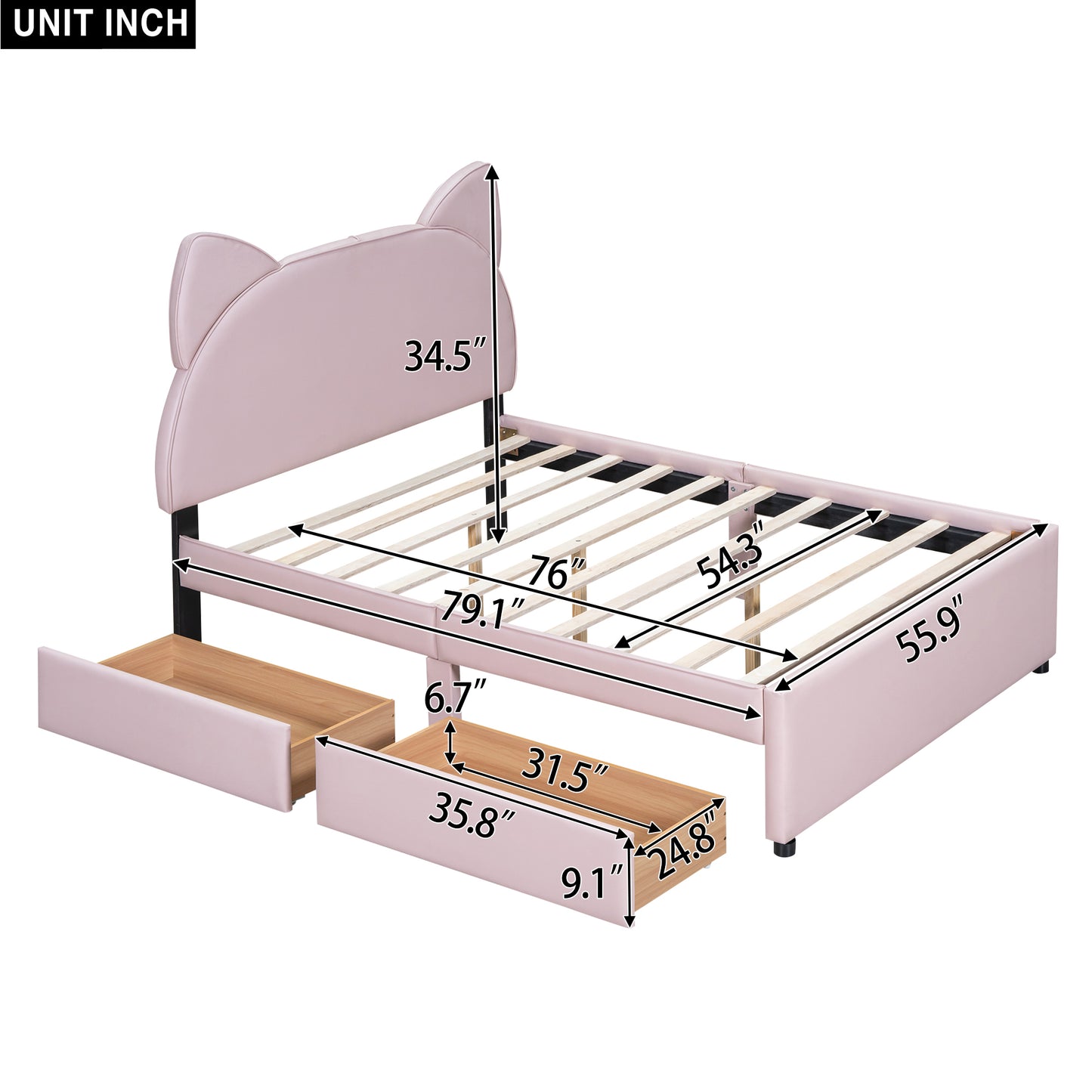 Brandy Full Size Platform Bed with Cartoon Ears - Pink