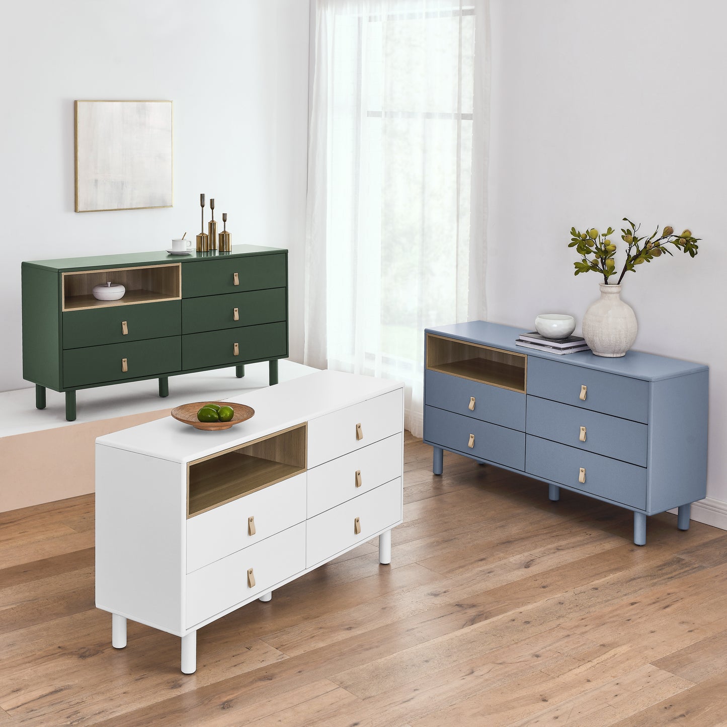 Lillian Modern 5-Drawer Accent Cabinet with Leather Handles, Green