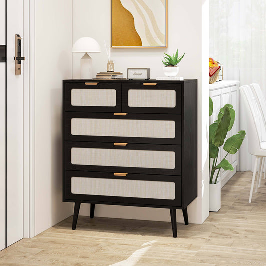 Chloe Mid-Century Modern 5-Drawer Cabinet in Black with Rattan Front