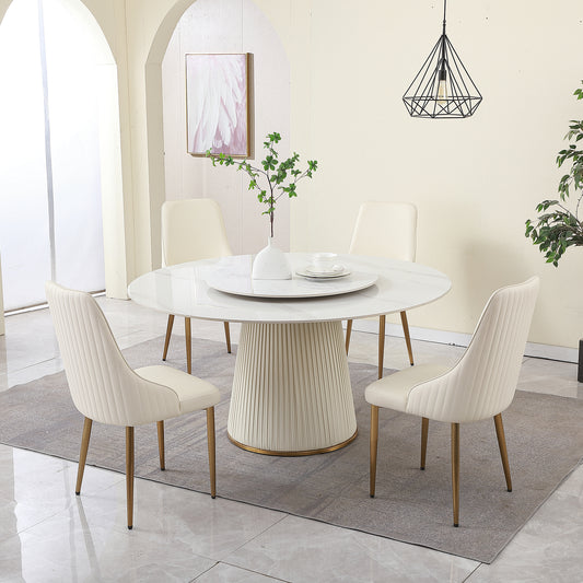 Aurora 59" Round White Sintered Stone Dining Table with Turntable