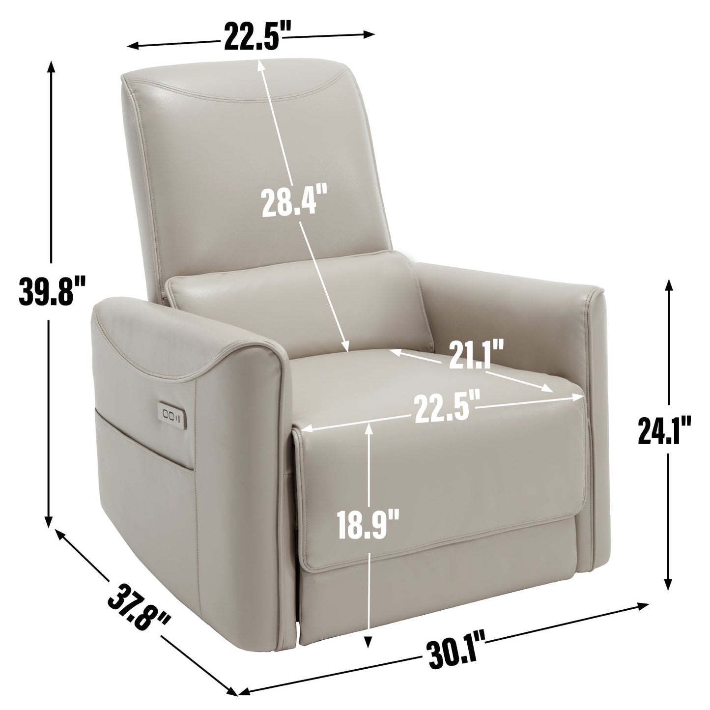 Aven Modern Leatheraire Power Reclining Chair with USB, Beige