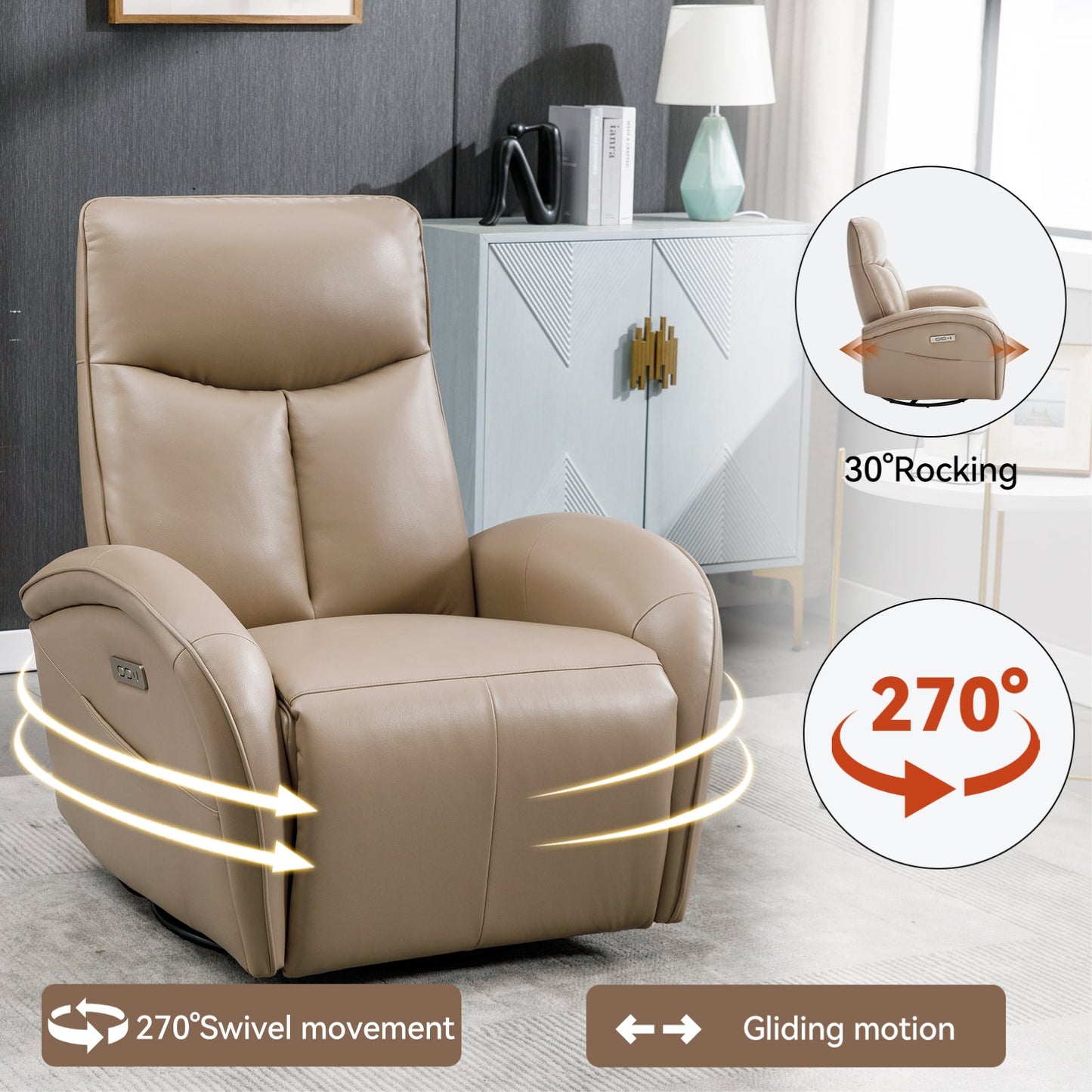 Stellen Faux Leather Power Recliner with Lumbar Support, Light Brown