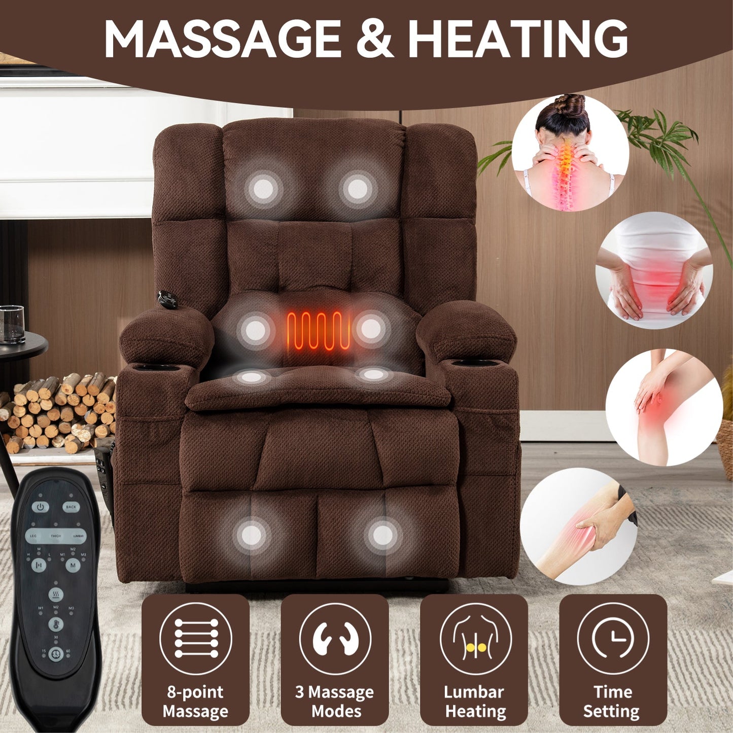 Skyler Chenille Power Lift Recliner with Massage, Brown