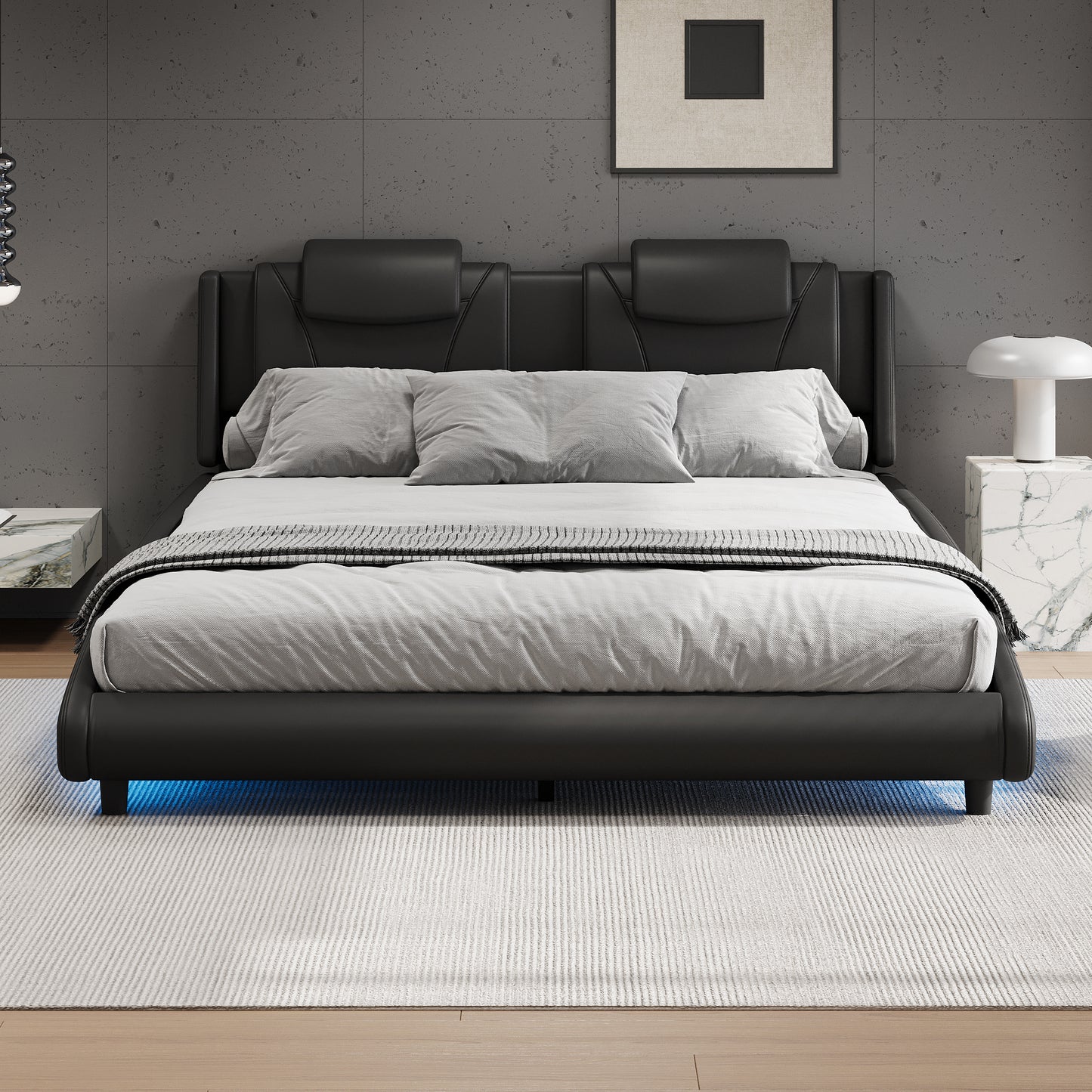 Solace Modern Faux Leather Full Platform Bed with LED Lighting