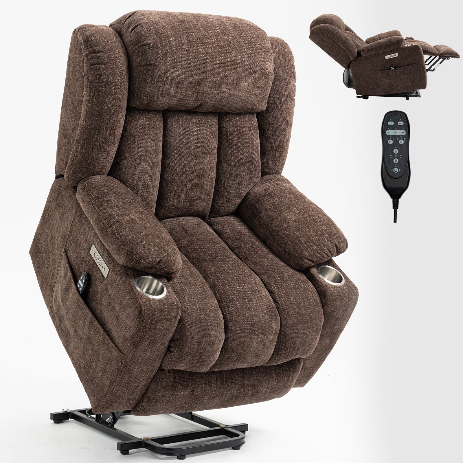 Bexley Chenille Power Lift Recliner with 8-Point Massage & Heat, Brown