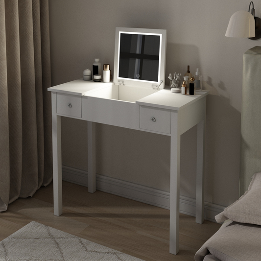 Dover Chic White Vanity Table with LED Lights, Flip-Top Mirror and 2 Drawers