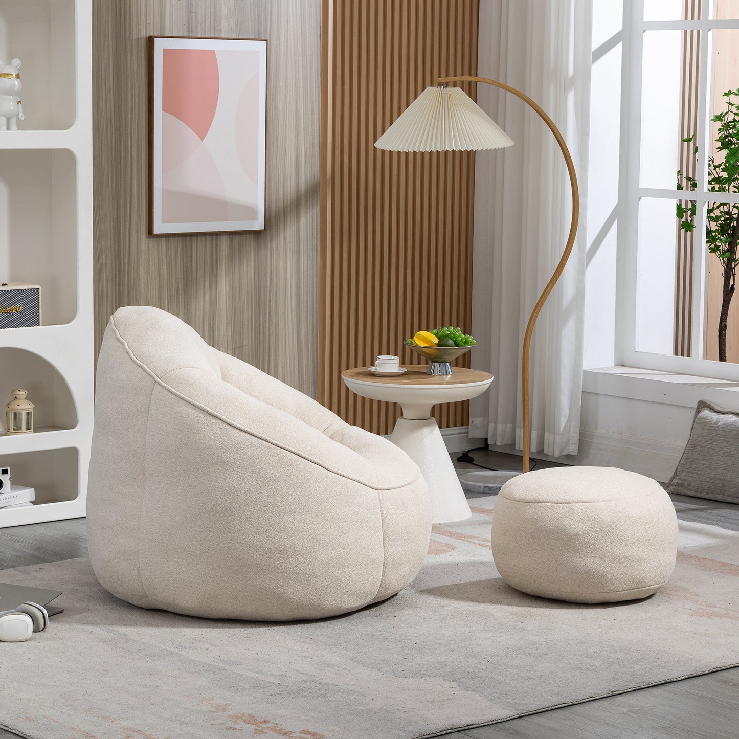 Fox 2-Piece Microfiber Beanbag Chair & Ottoman, Beige