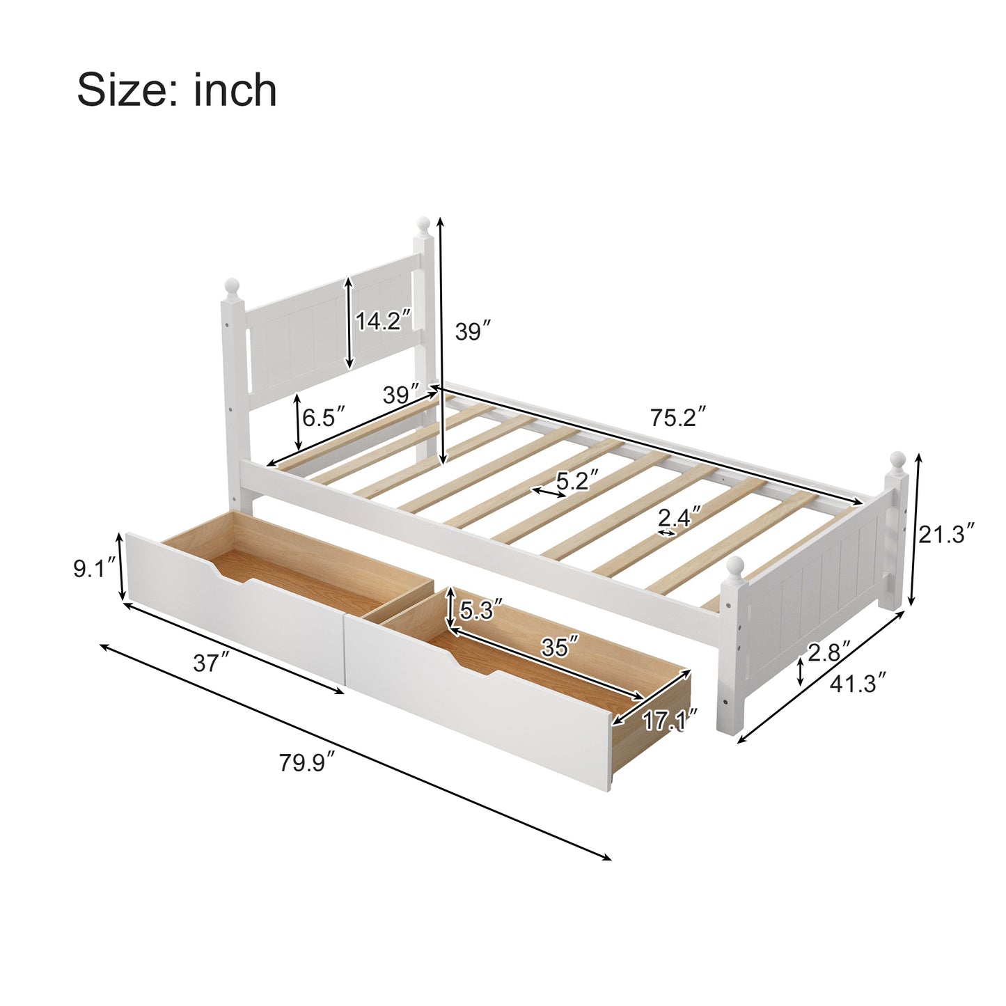 Brant Twin Platform Bed with 2 Storage Drawers - White