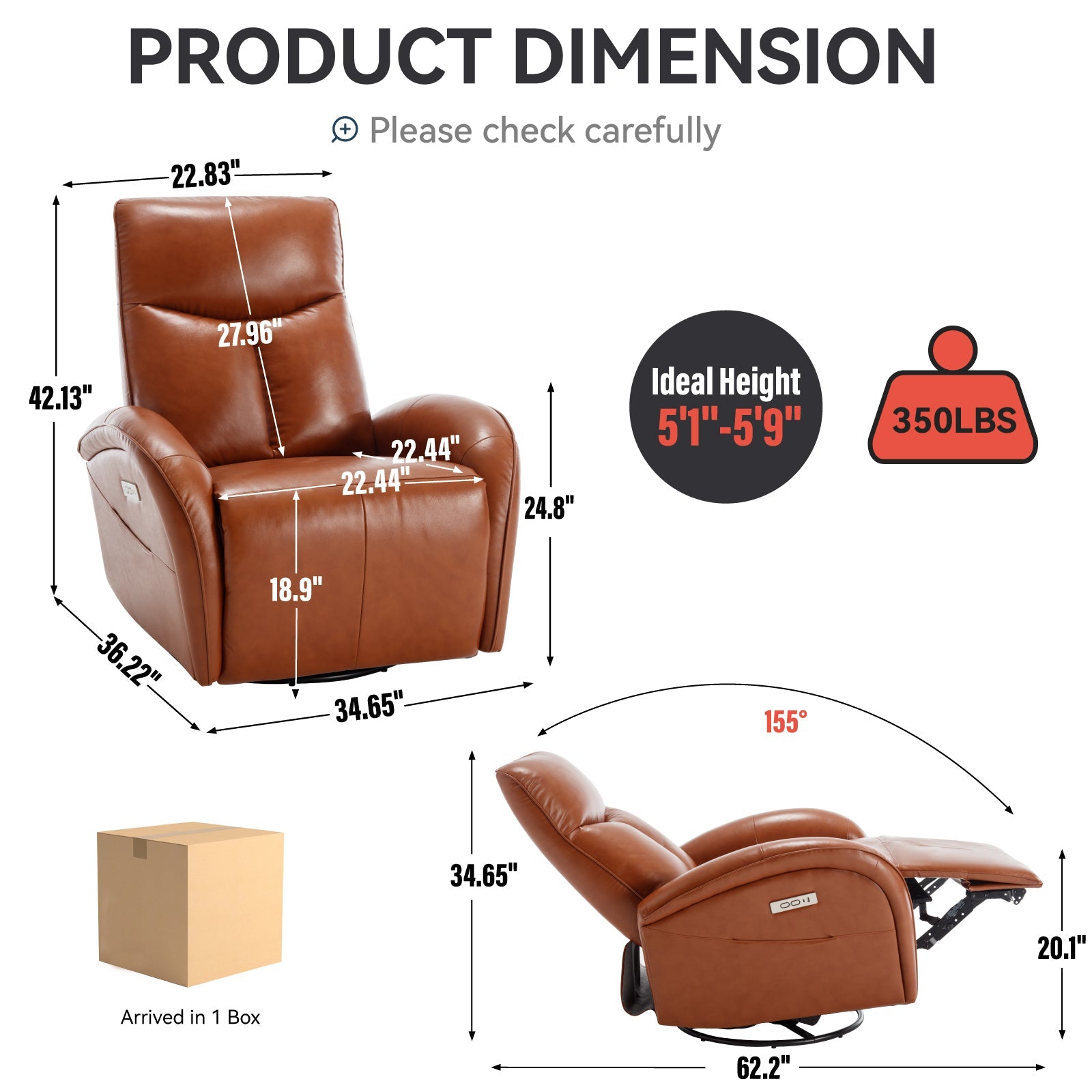 Stellen Genuine Leather Power Recliner with Lumbar Support, Yellow Brown