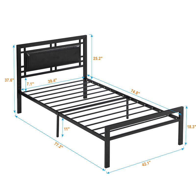 Twin Size Black Metal Platform Bed with Faux Leather Headboard