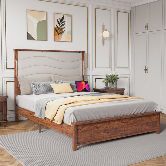 Aveline Transitional Wooden King Platform Bed with LED, Beige & Brown