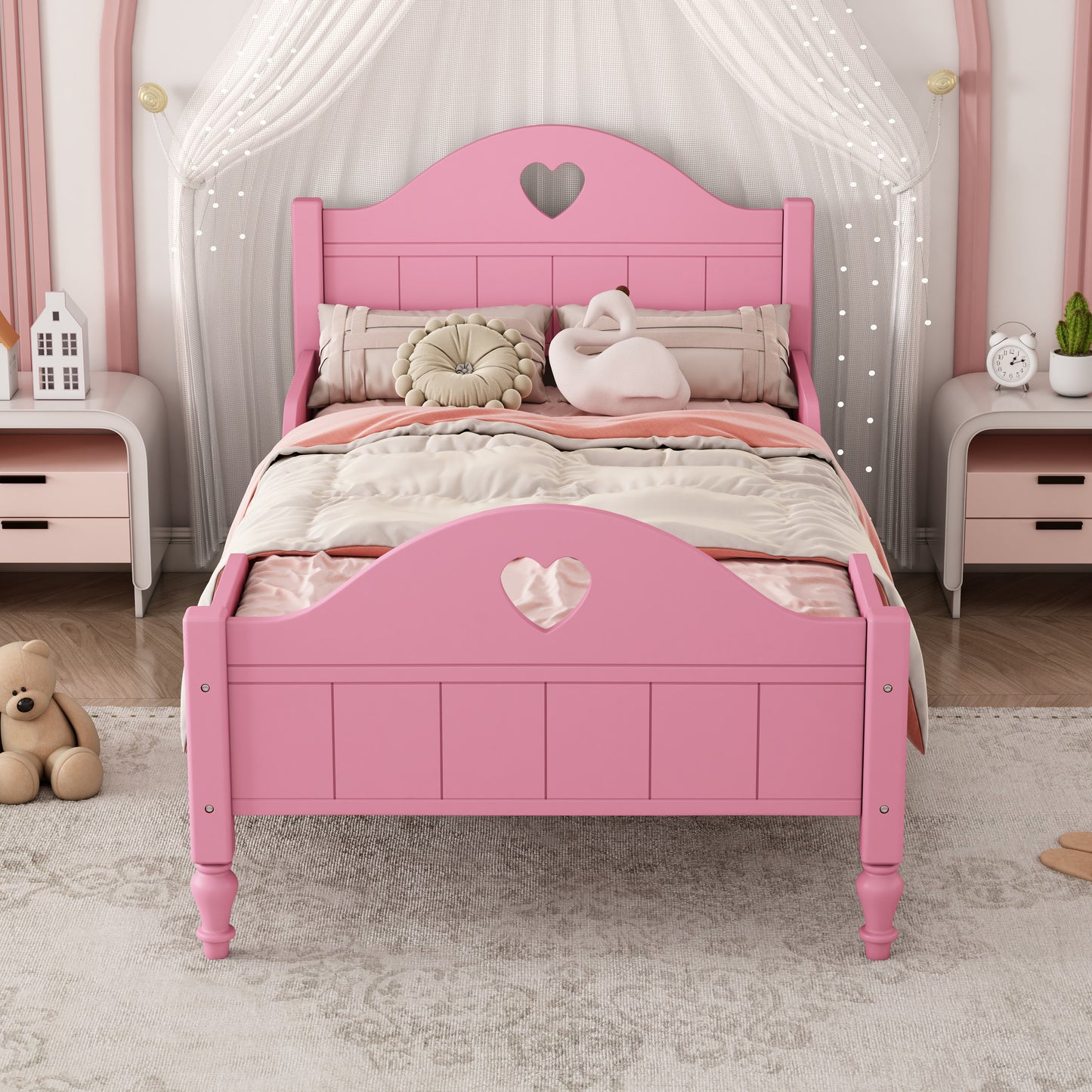 Macaron Twin Size Toddler Bed with Side Safety Rails - Light Pink