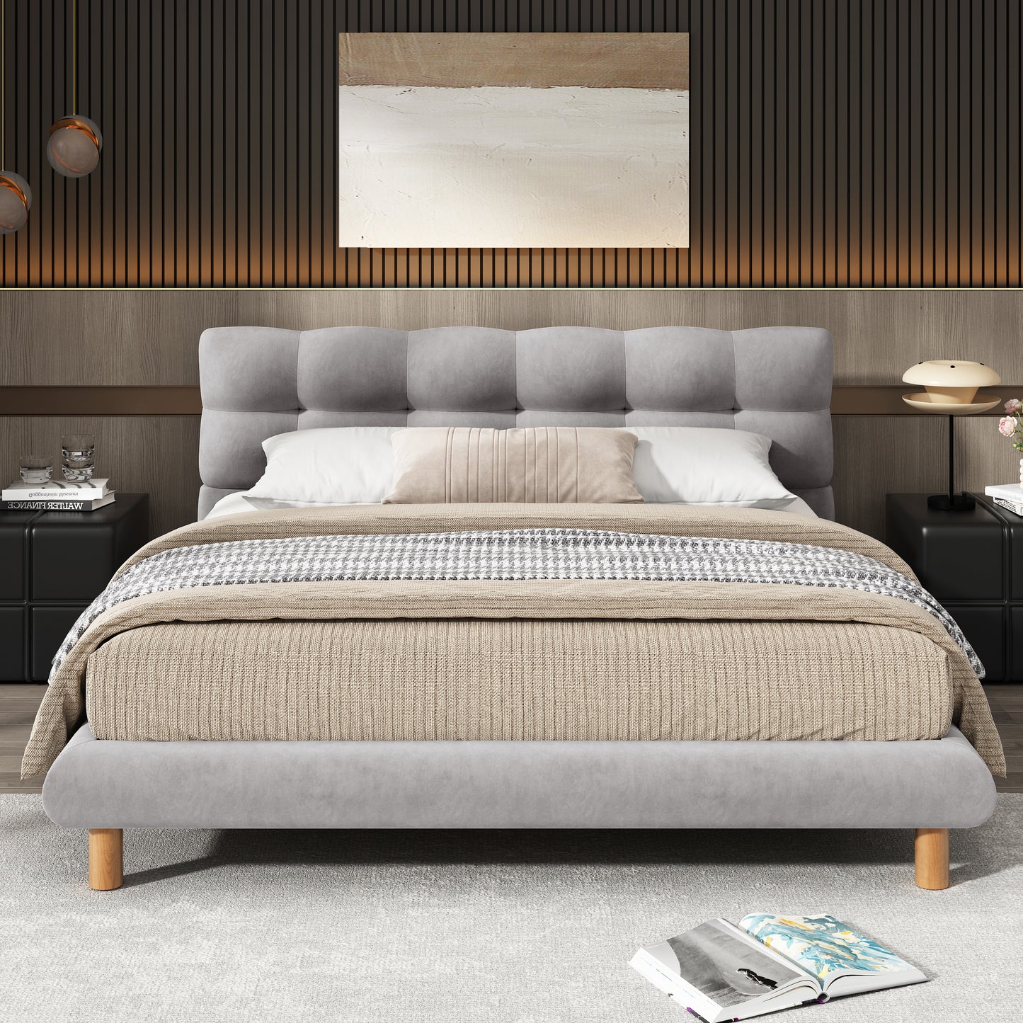 Lorien Mid-Century Modern Full Size Boucle Platform Bed, Gray