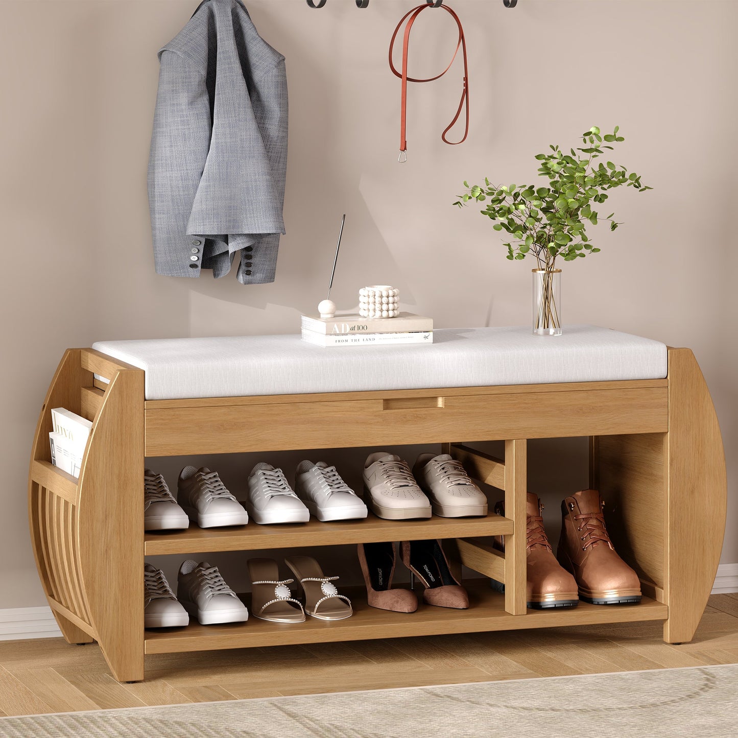 Keziah Retro Multifunctional Storage Bench, Natural