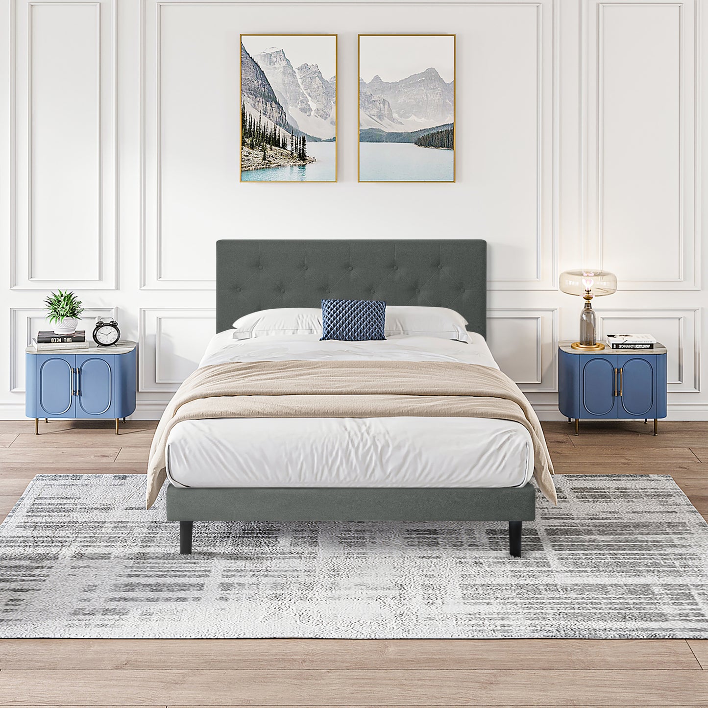 Twin Size Gray Linen Platform Bed